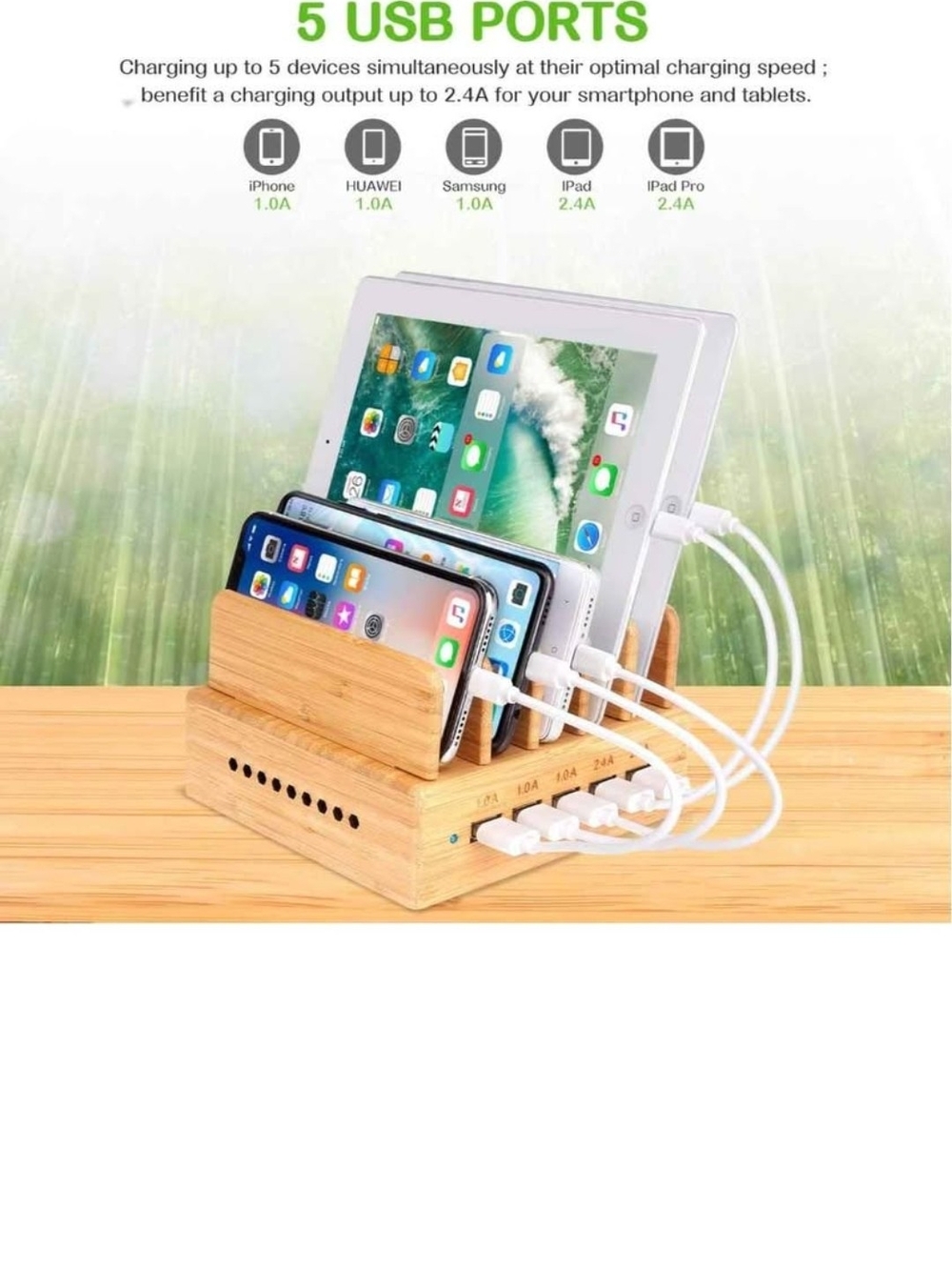 Bamboo 5-Port USB Charging Dock with Device Stand